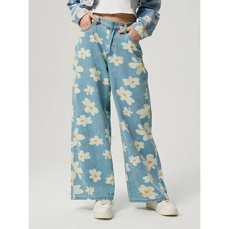 Women's Vintage Floral Print Straight-Leg Jeans