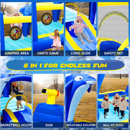 8-In-1 Inflatable Water Park Bounce House with Sprinkler, Water Gun, And Basketball Hoop (SAK38152)