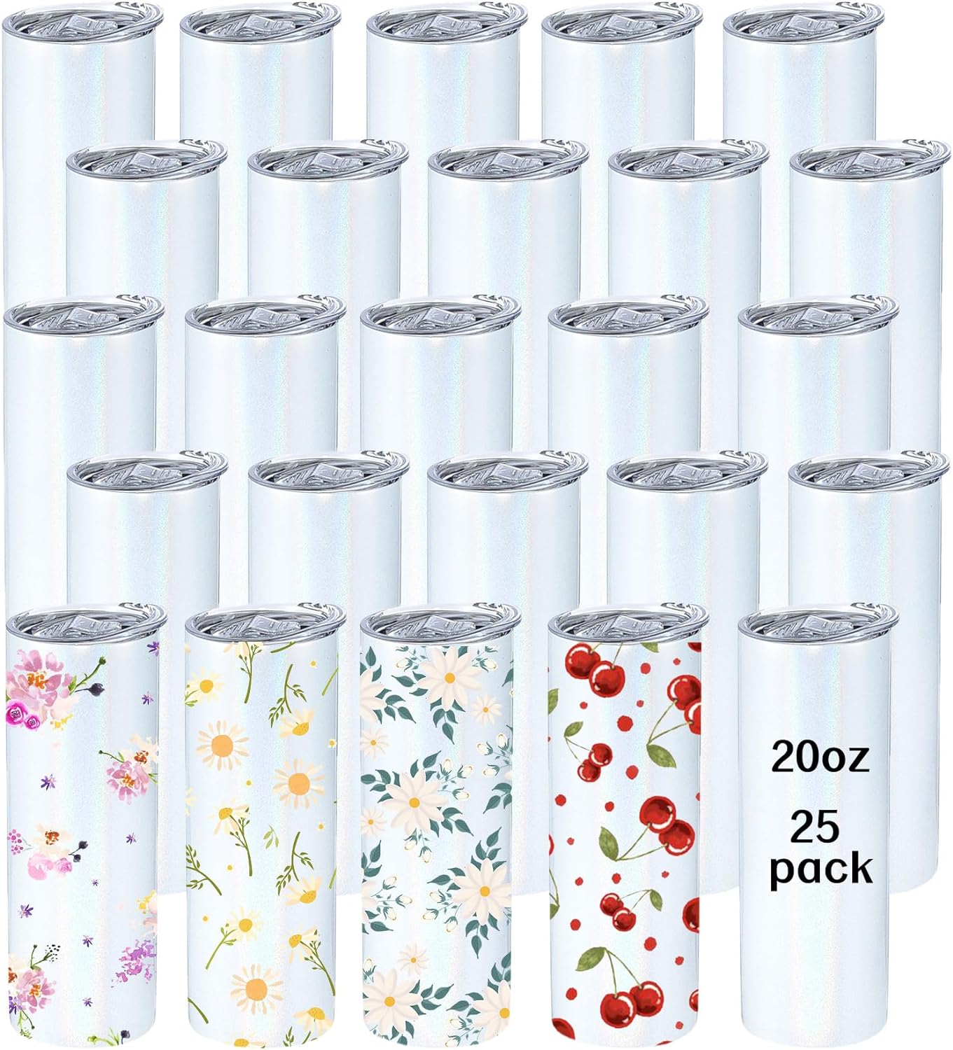 Sublimation 25 Pack 20oz Blank Glitter Holographic Straight Stainless Tumblers Tumbler Coffee Cup w/straw, & box