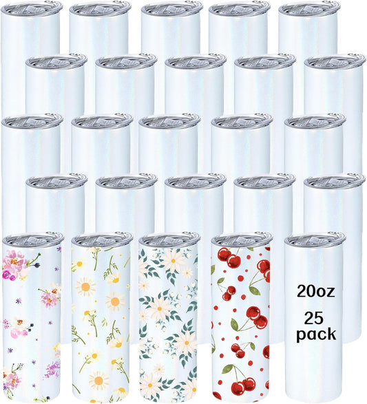 Sublimation 25 Pack 20oz Blank Glitter Holographic Straight Stainless Tumblers Tumbler Coffee Cup w/straw, & box