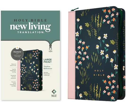 NLT Large Print Thinline Reference Zipper Bible, Filament Enabled (Leatherlike, Meadow Navy & Pink, Red Letter) - Imitation Leather