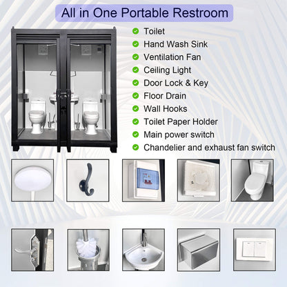 82-Inch Two-Person Portable Outdoor Toilet Cabin With Light, Sink And Fan (SAK50123)