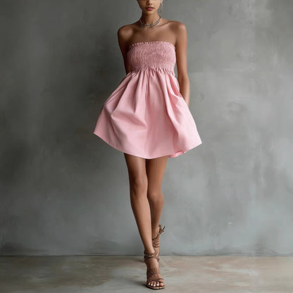 Women's Strapless Tube Mini Dress – Solid Color Elastic Waist