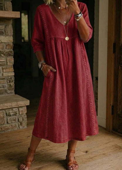 Women's Linen Cotton V-Neck Dress – Lace Trim, Loose Fit, 7 Colors