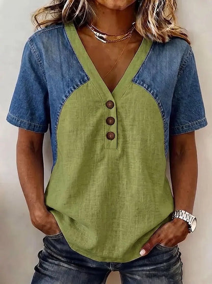 Women's Loose Denim Patchwork Color-Block T-Shirt