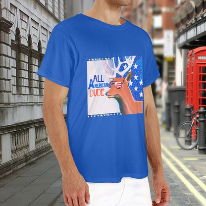 All American Dude with Deer Men's Blue Cotton T-Shirt | Ships from USA