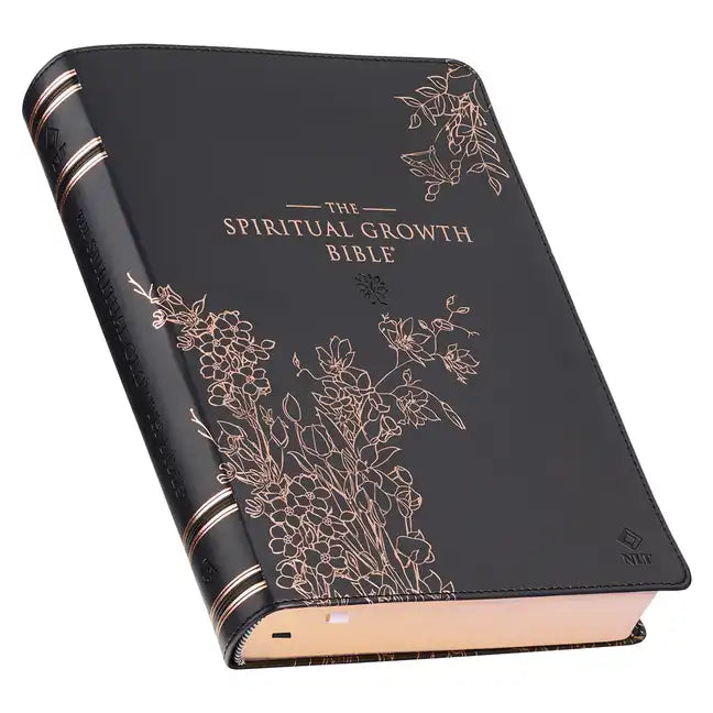 The Spiritual Growth Bible, Study Bible, NLT - New Living Translation Holy Bible, Faux Leather, Black Rose Gold Debossed Floral - Leather
