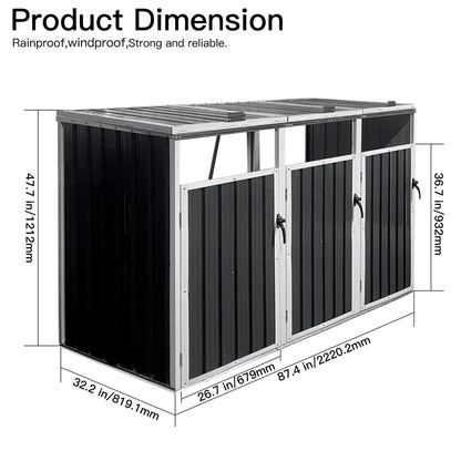 87-Inch Extra Large Heavy-Duty Outdoor Metal Garbage Bin Shed For 3 Trash Cans (SAK34981)
