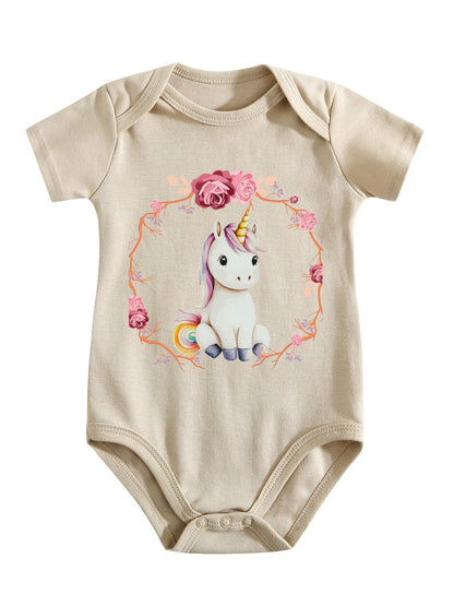 Baby Unicorn with Pink Roses Unisex Cotton Short Sleeve Baby Romper
