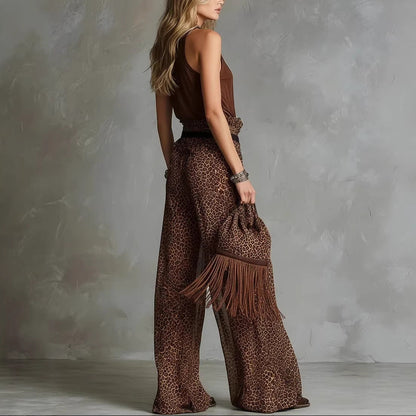Leopard Print Sheer Wide-Leg Pants & Sleeveless Tank Top Set