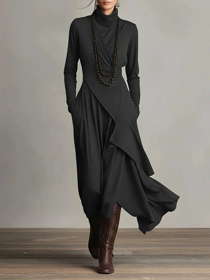 Women's Cross-Wrap High-Neck Long-Sleeve Maxi Dress