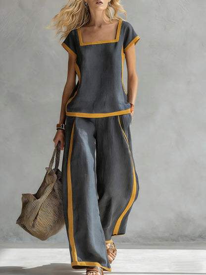 Women’s Square Neck Short Sleeve Two Piece Pants Set