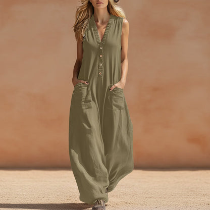 Women's Sleeveless Wide-Leg Jumpsuit with Pockets