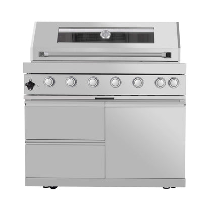 Castelle Flame Astoria 94-Inch 6-Burner 85K BTU Outdoor Kitchen Grill Island With Wine Cooler, Rotisserie, Cabinets, And Granite Countertops (SAK68014)