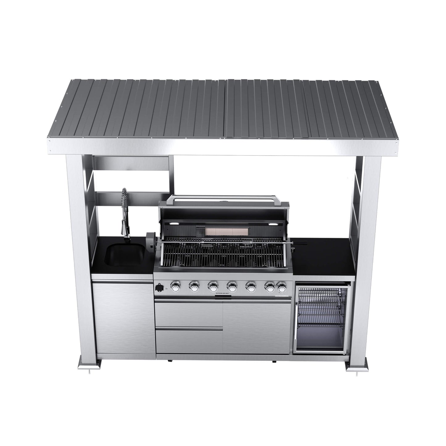 Castelle Flame Astoria 94-Inch 6-Burner 85K BTU Outdoor Kitchen Grill Island With Wine Cooler, Rotisserie, Cabinets, And Granite Countertops (SAK68014)