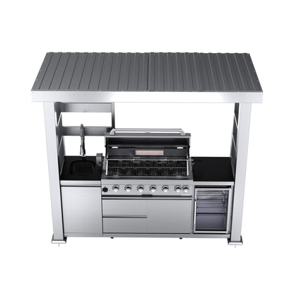 Castelle Flame Astoria 94-Inch 6-Burner 85K BTU Outdoor Kitchen Grill Island With Wine Cooler, Rotisserie, Cabinets, And Granite Countertops (SAK68014)
