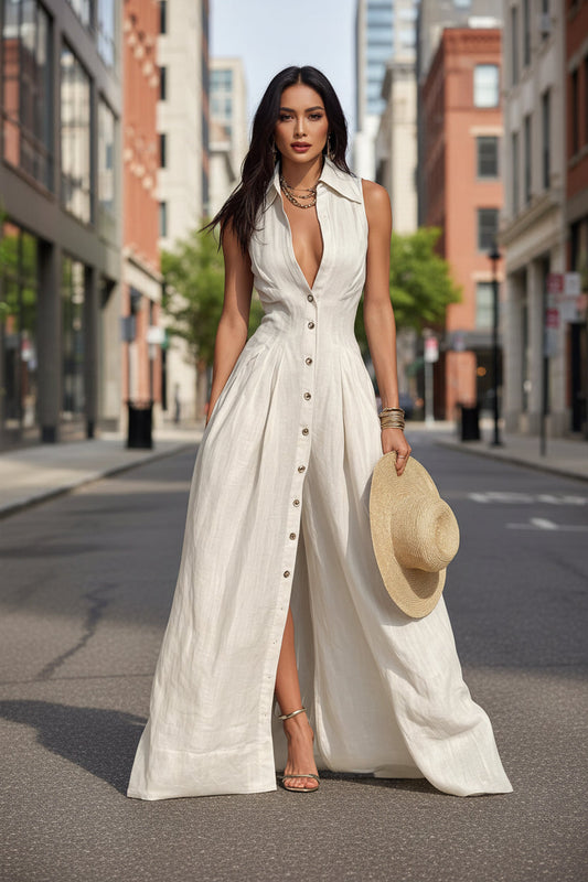 Women's High-Waist Lapel Shirt Maxi Dress – Elegant & Versatile