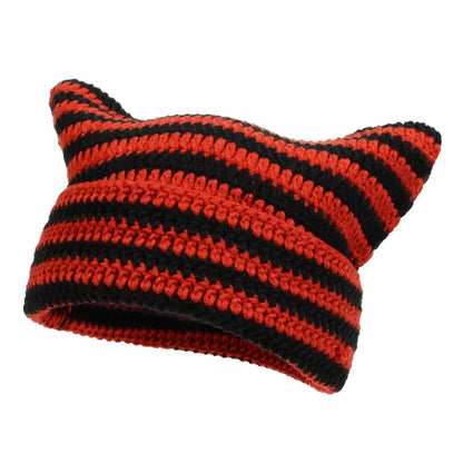 Women’s Hand Knitted Striped Cat Hat – Cute Warm Winter Beanie