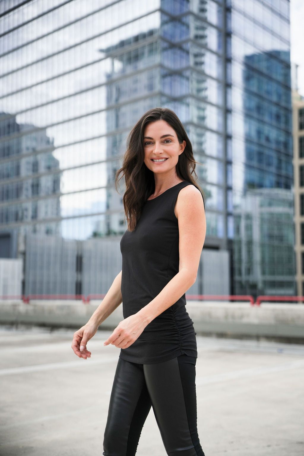 Cotton Lycra Ruche Tank - Black