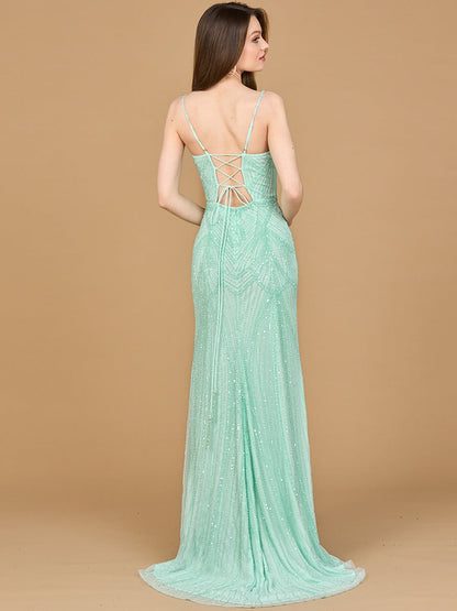 Beaded Lace-up Dress with Slit