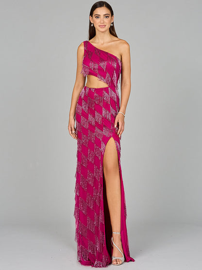 One Shoulder Fringe Gown