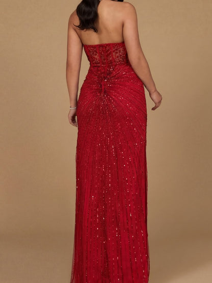Embellished Strapless Gown with Slit | 9953