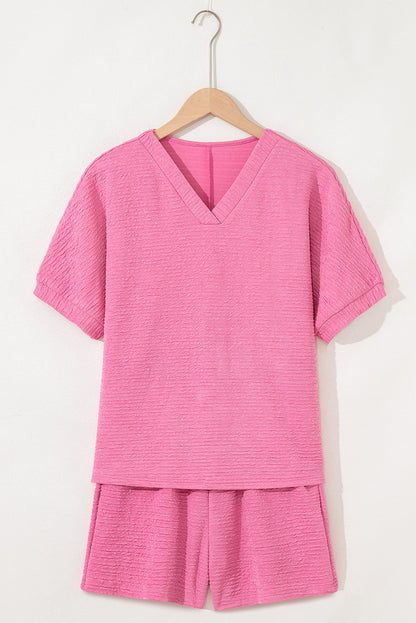 Women's 2-piece Textured V-neck Tshirt and Shorts Set Outfit
