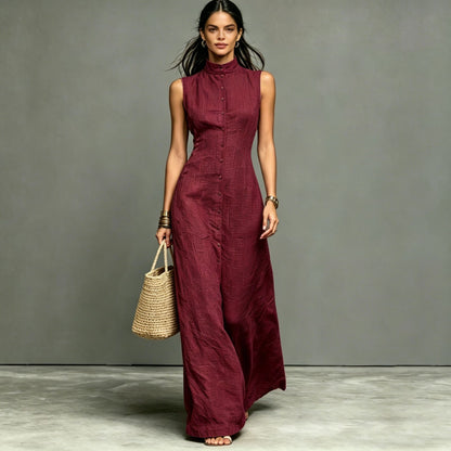 Women's Stand-Collar Single-Breasted Sleeveless Midi Dress