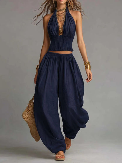 Women's Sleeveless Backless Halter Top & Wide-Leg Pants Set