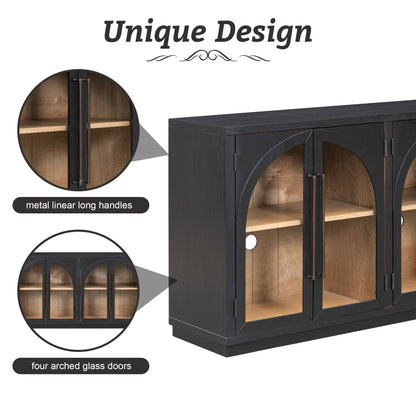 4-Door Large Storage Sideboard Buffet Cabinet with Glass Doors Arched Cabinet (Black)