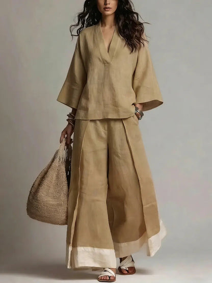 Women's Cotton-Linen V-Neck 3/4 Sleeve Shirt & Wide-Leg Pants Set