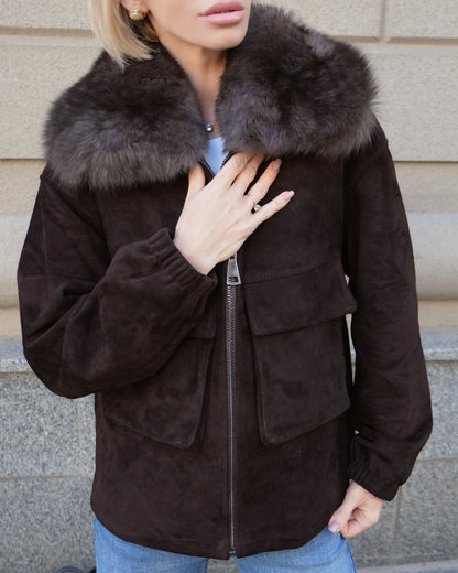 Nebraska Genuine Suede Polar Fox Trim Jacket in Cognac