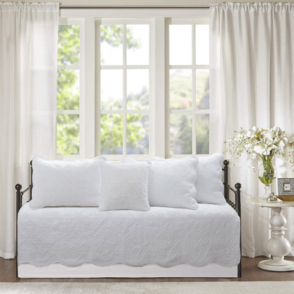 Serenity White Victorian Scalloped Medallion Floral Pure Solid Cotton Reversible Quilt Bedding Set