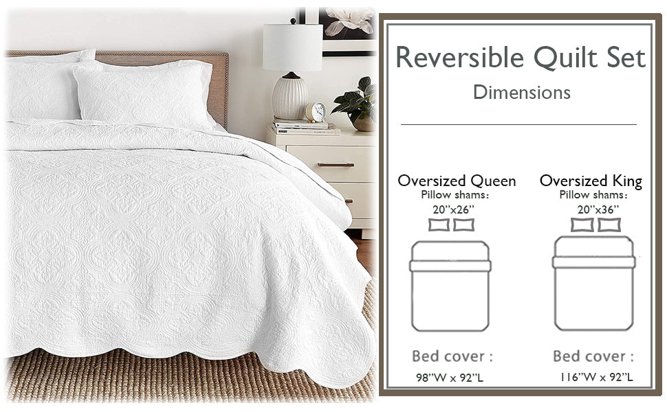 Serenity White Victorian Scalloped Medallion Floral Pure Solid Cotton Reversible Quilt Bedding Set