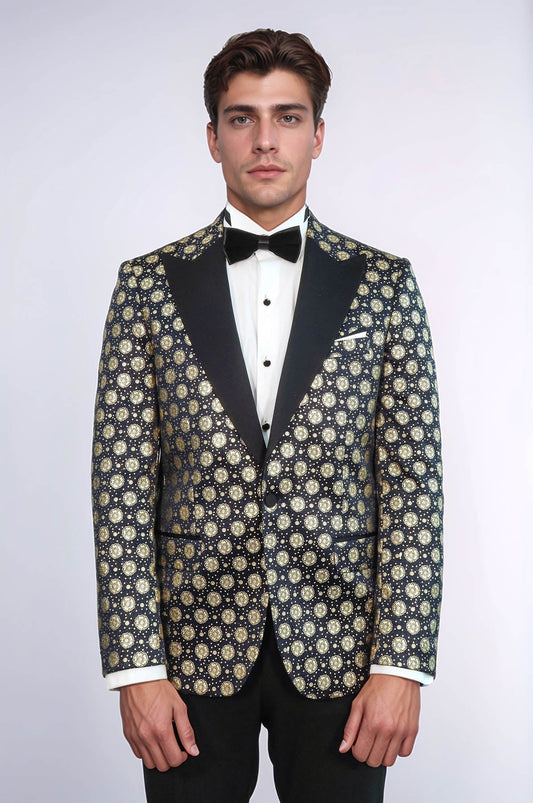 Floral Patterned Peak Lapel  Navy Blue with Gold Embellished Dinner Jacket - Wessi
