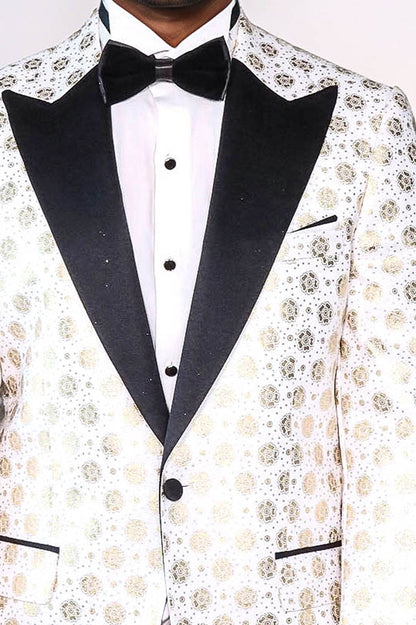 Floral Patterned Peak Lapel White Men Wedding Tuxedo Blazer - Wessi