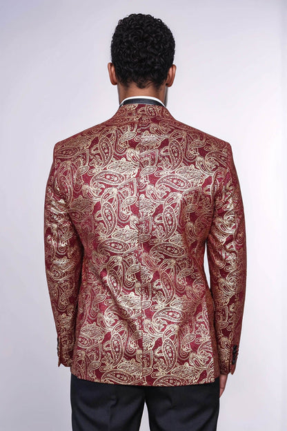 Paisley Peak Lapel Burgundy Men Singer Tuxedo Blazer - Wessi