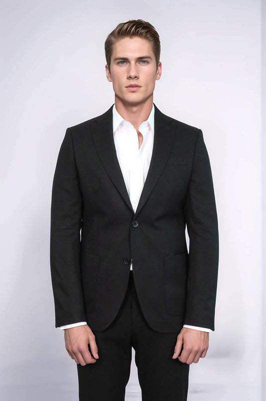 Textured Slim Fit Notch Lapel Black Men Blazer - Wessi