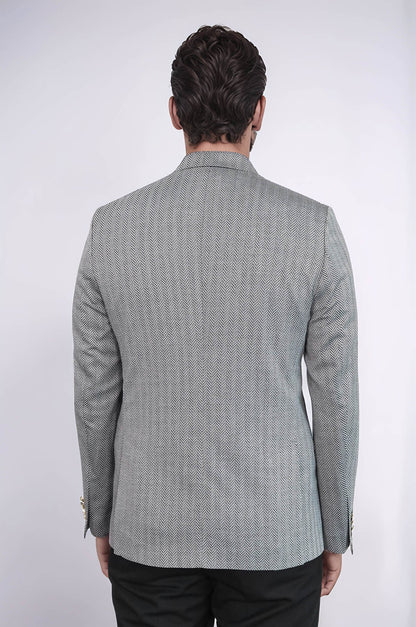 Black Herringbone Pattern Gold Metal Button Slim Fit Men's Blazer Jacket - Wessi