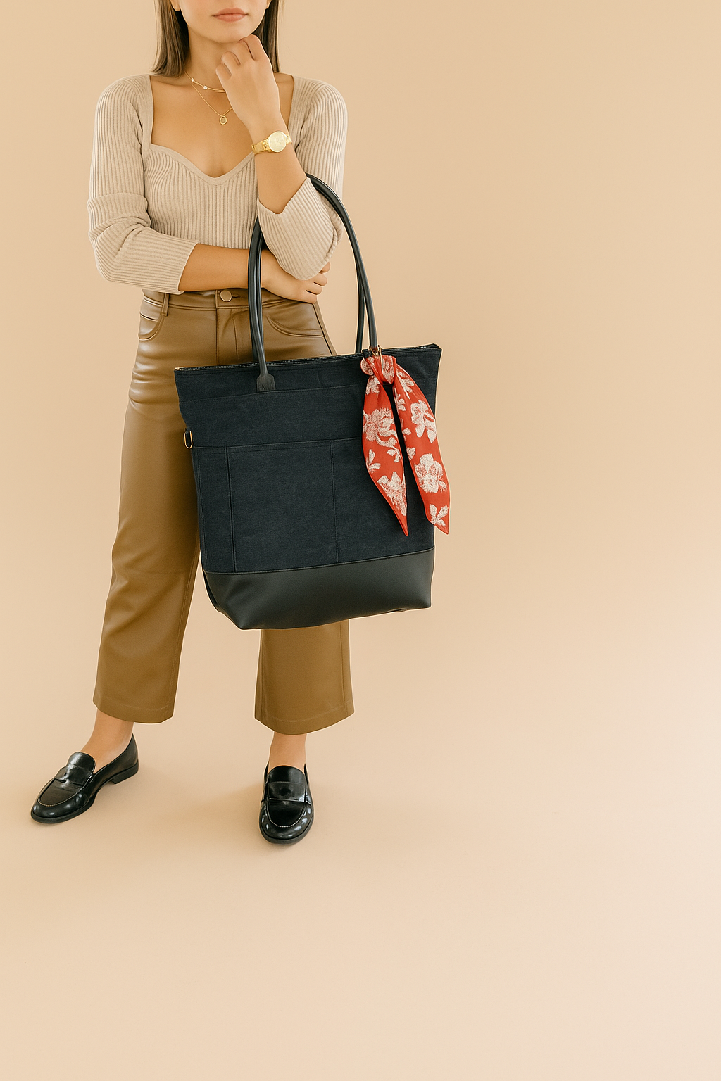 Grant | Denim+ Black Leather & Rosie Scarf