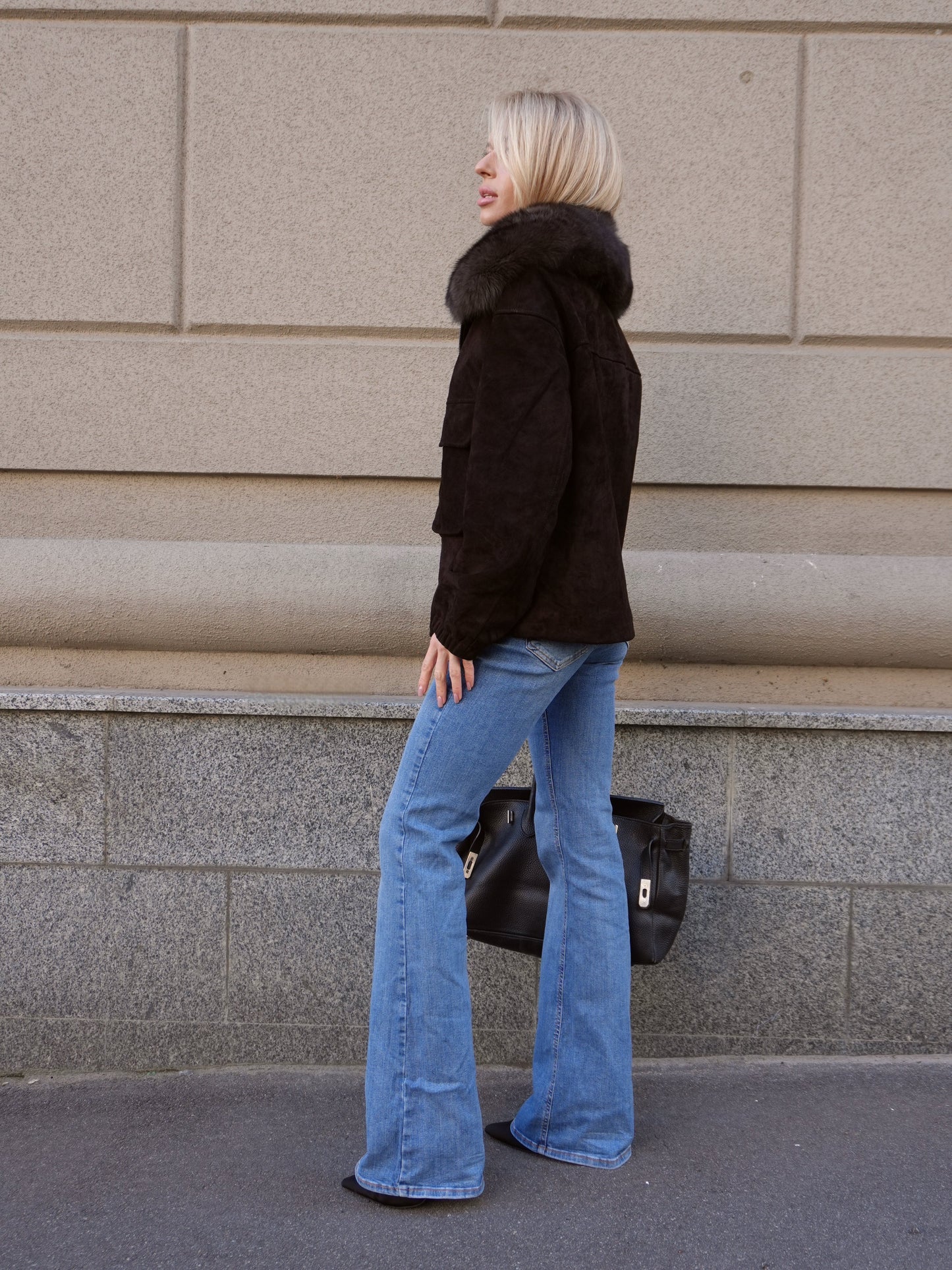 Nebraska Genuine Suede Polar Fox Trim Jacket in Cognac