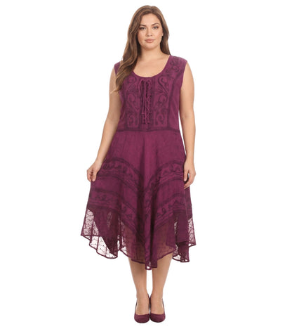 Sakkas Sundara Stonewashed Rayon Embroidered Mid Length Dress