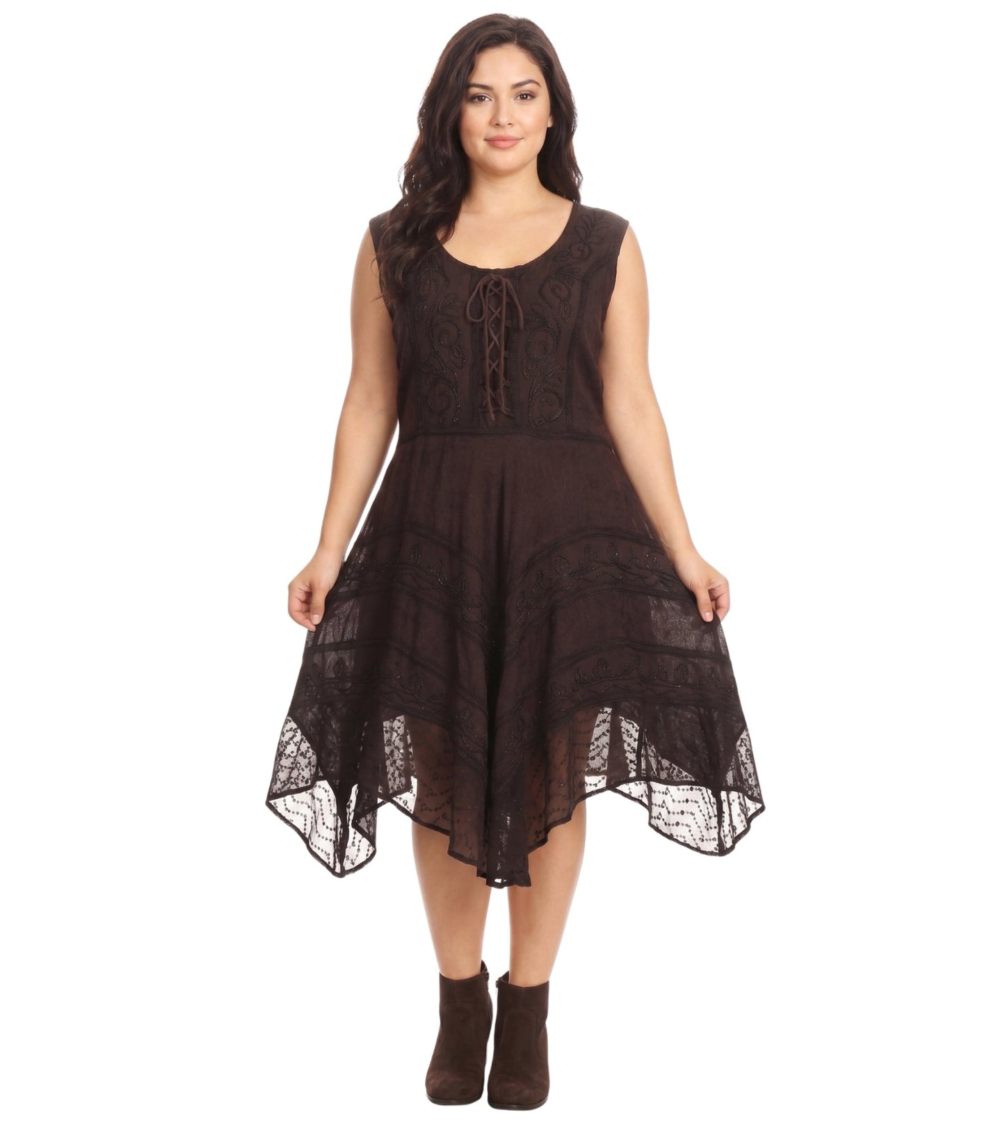 Sakkas Sundara Stonewashed Rayon Embroidered Mid Length Dress