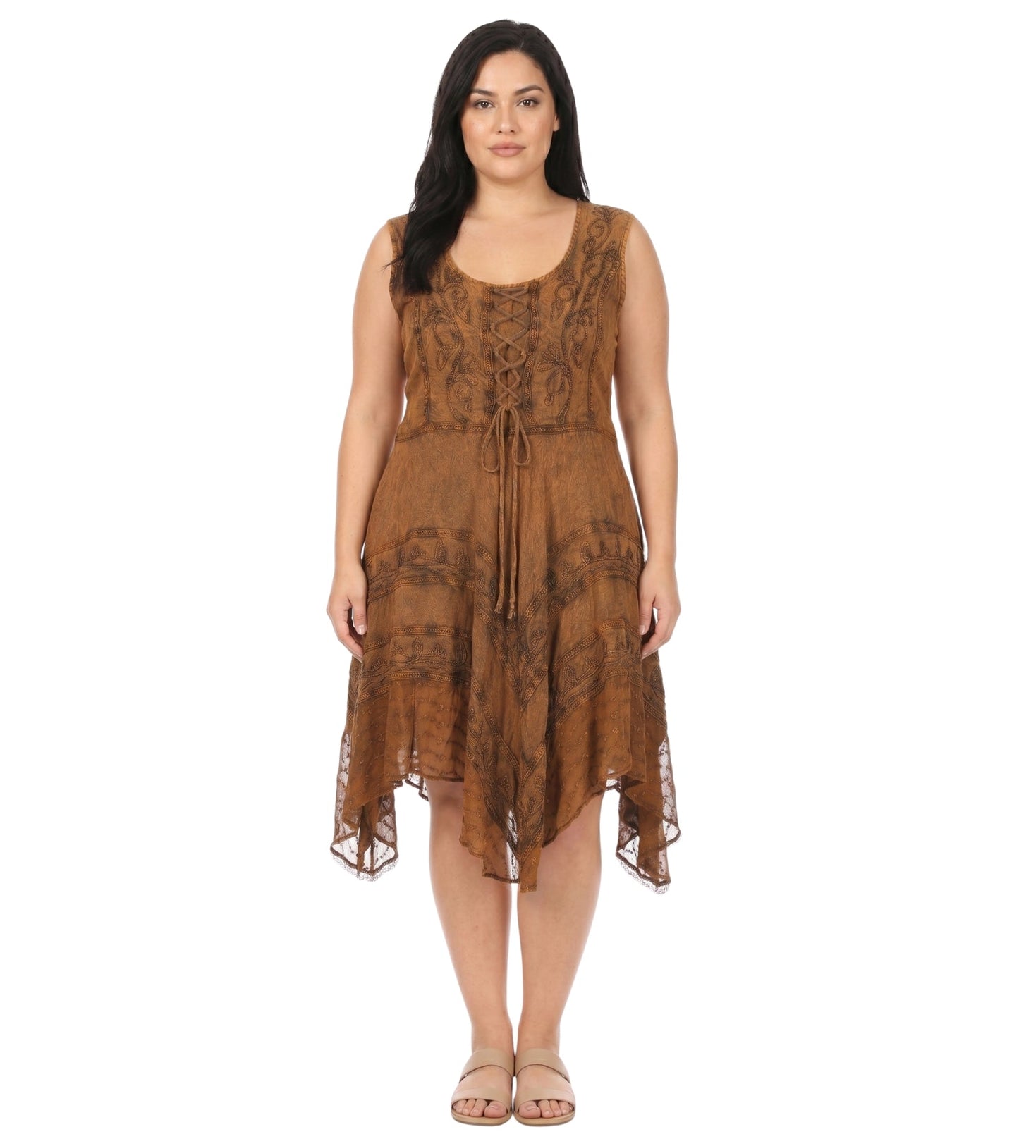 Sakkas Sundara Stonewashed Rayon Embroidered Mid Length Dress