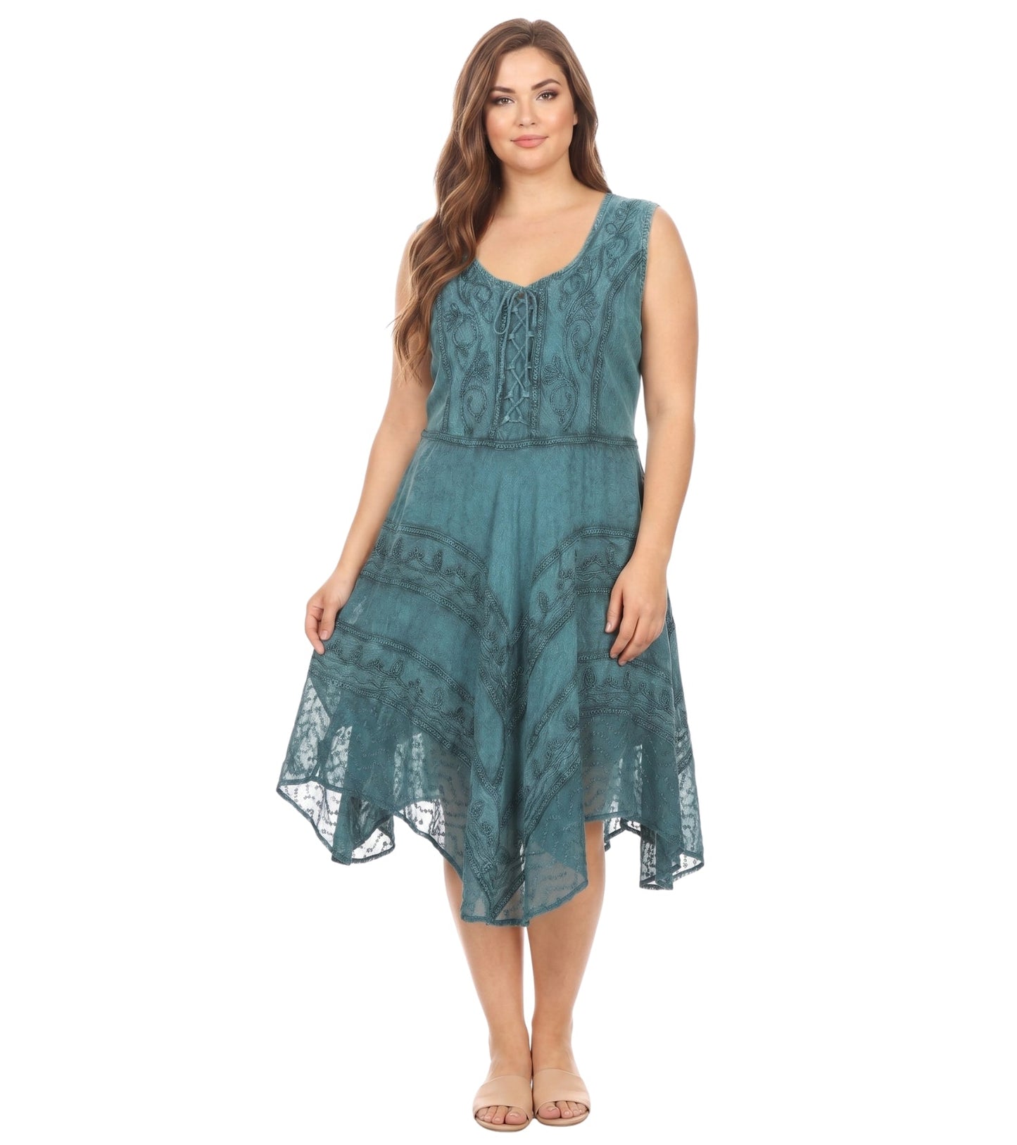 Sakkas Sundara Stonewashed Rayon Embroidered Mid Length Dress