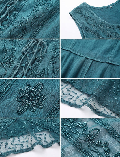 Sakkas Sundara Stonewashed Rayon Embroidered Mid Length Dress