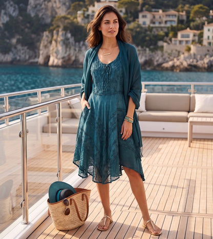 Sakkas Sundara Stonewashed Rayon Embroidered Mid Length Dress