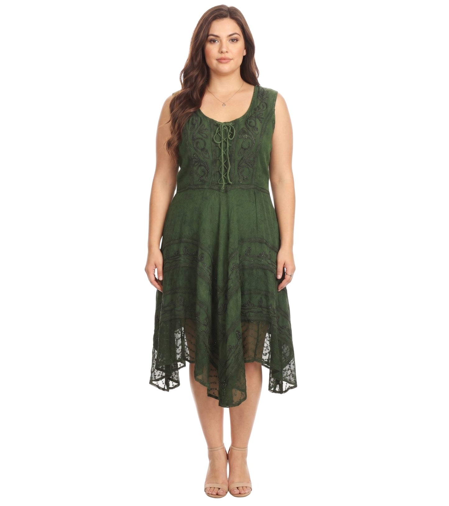 Sakkas Sundara Stonewashed Rayon Embroidered Mid Length Dress