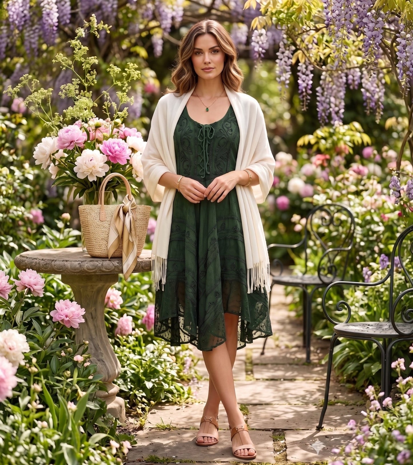 Sakkas Sundara Stonewashed Rayon Embroidered Mid Length Dress