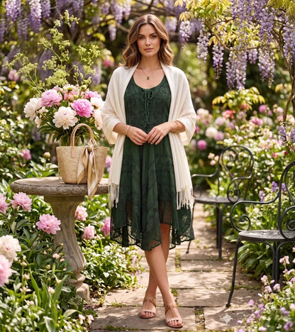 Sakkas Sundara Stonewashed Rayon Embroidered Mid Length Dress